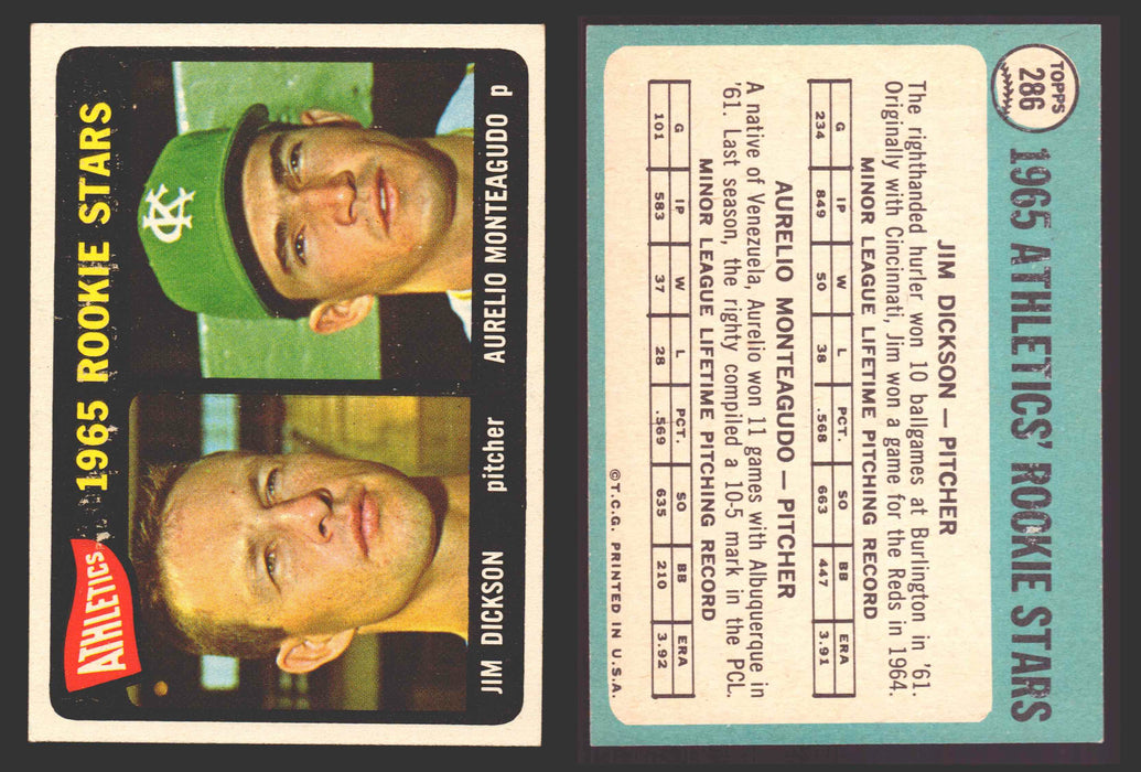 1965 Topps Baseball Trading Card You Pick Singles #200-#299 VG/EX #	286 Athletics Rookies - Jim Dickson / Aurelio Monteagudo RC  - TvMovieCards.com