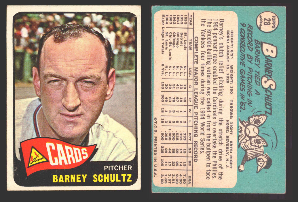 1965 Topps Baseball Trading Card You Pick Singles #1-#99 VG/EX #	28 Barney Schultz - St. Louis Cardinals  - TvMovieCards.com