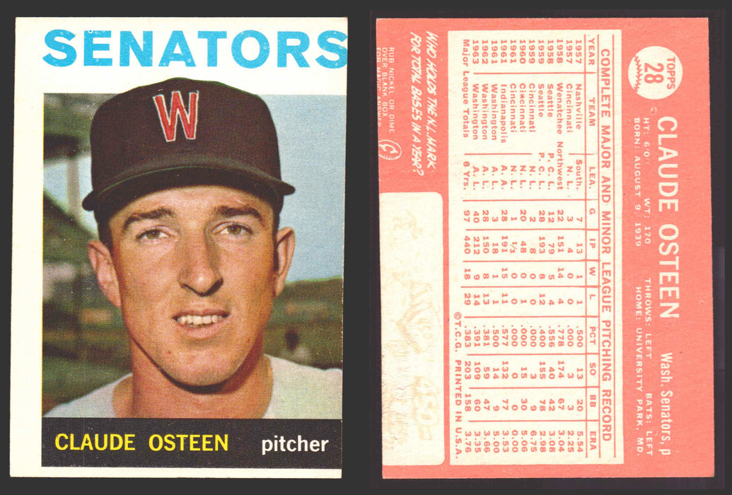 1964 Topps Baseball Trading Card You Pick Singles #1-#99 VG/EX #	28 Claude Osteen - Washington Senators  - TvMovieCards.com