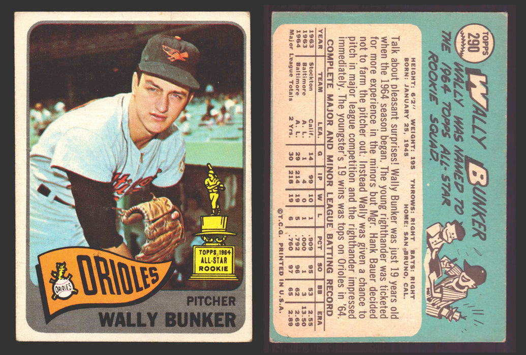 1965 Topps Baseball Trading Card You Pick Singles #200-#299 VG/EX #	290 Wally Bunker - Baltimore Orioles  - TvMovieCards.com