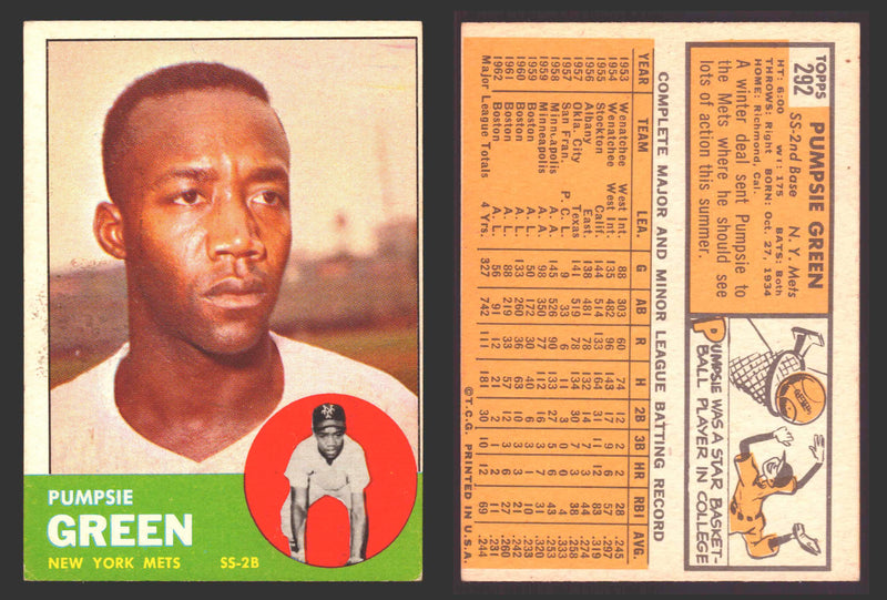 1963 Topps Baseball Trading Card You Pick Singles #200-#299 VG/EX #	292 Pumpsie Green - New York Mets  - TvMovieCards.com