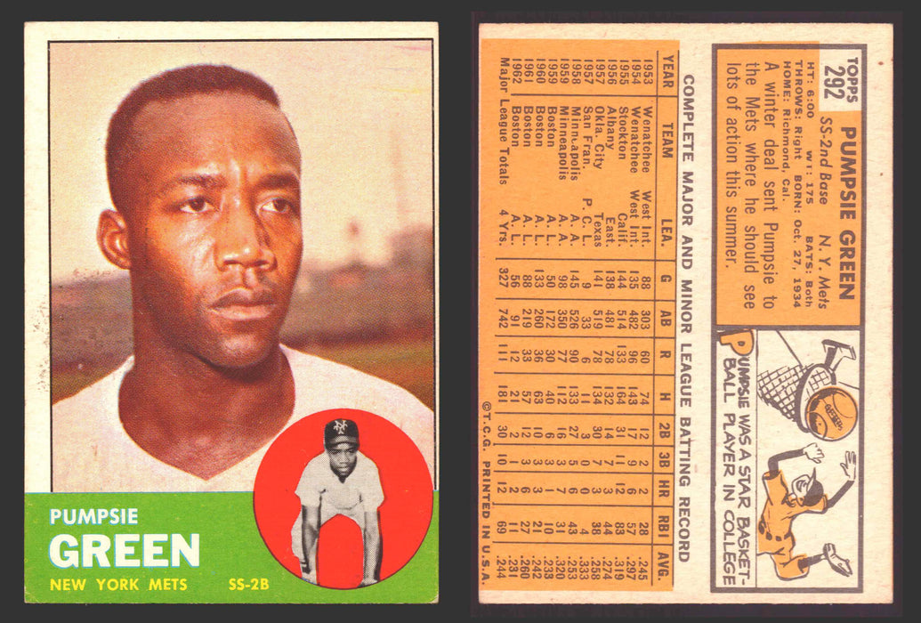 1963 Topps Baseball Trading Card You Pick Singles #200-#299 VG/EX #	292 Pumpsie Green - New York Mets  - TvMovieCards.com
