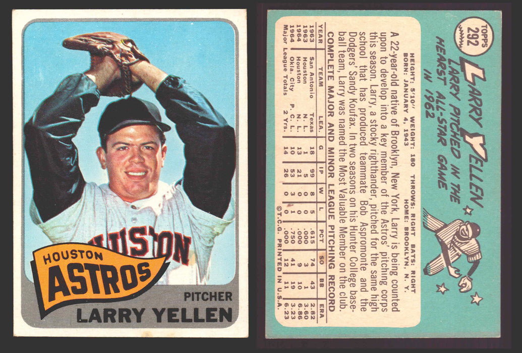 1965 Topps Baseball Trading Card You Pick Singles #200-#299 VG/EX #	292 Larry Yellen - Houston Astros  - TvMovieCards.com