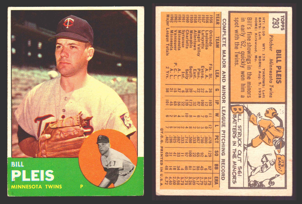 1963 Topps Baseball Trading Card You Pick Singles #200-#299 VG/EX #	293 Bill Pleis - Minnesota Twins  - TvMovieCards.com