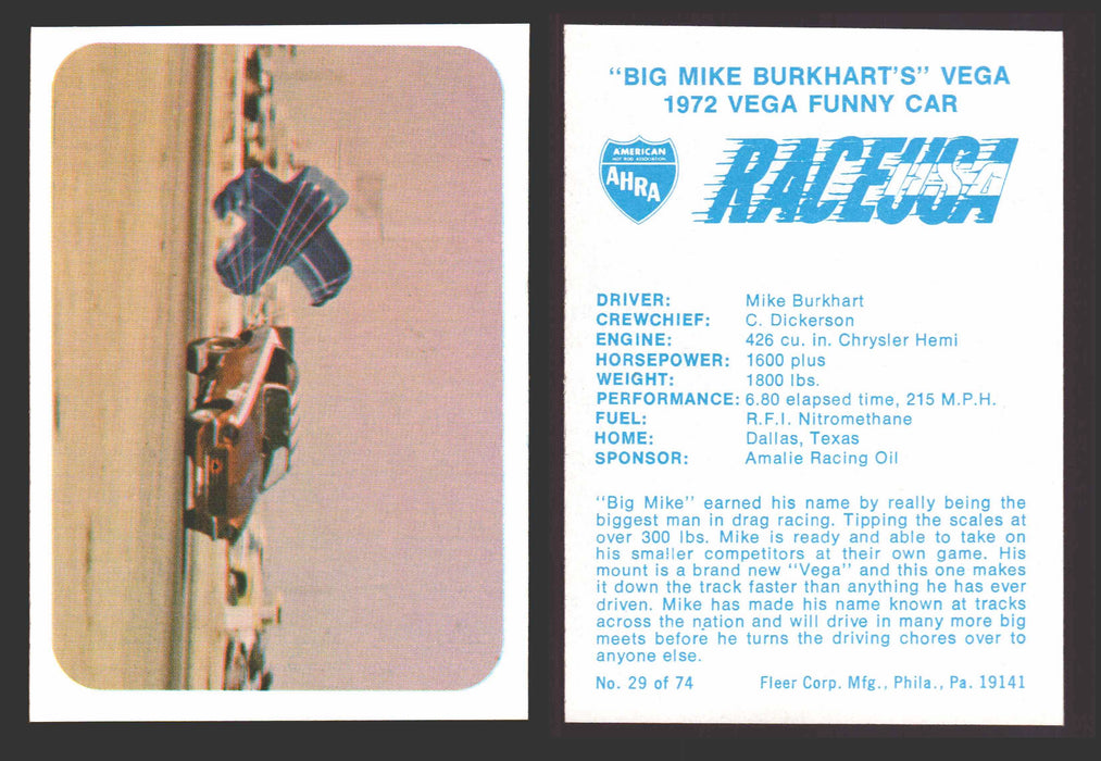 Race USA AHRA Drag Champs 1973 Fleer Vintage Trading Cards You Pick Singles 29 of 74   "Big Mike Burkhart's" Vega  - TvMovieCards.com