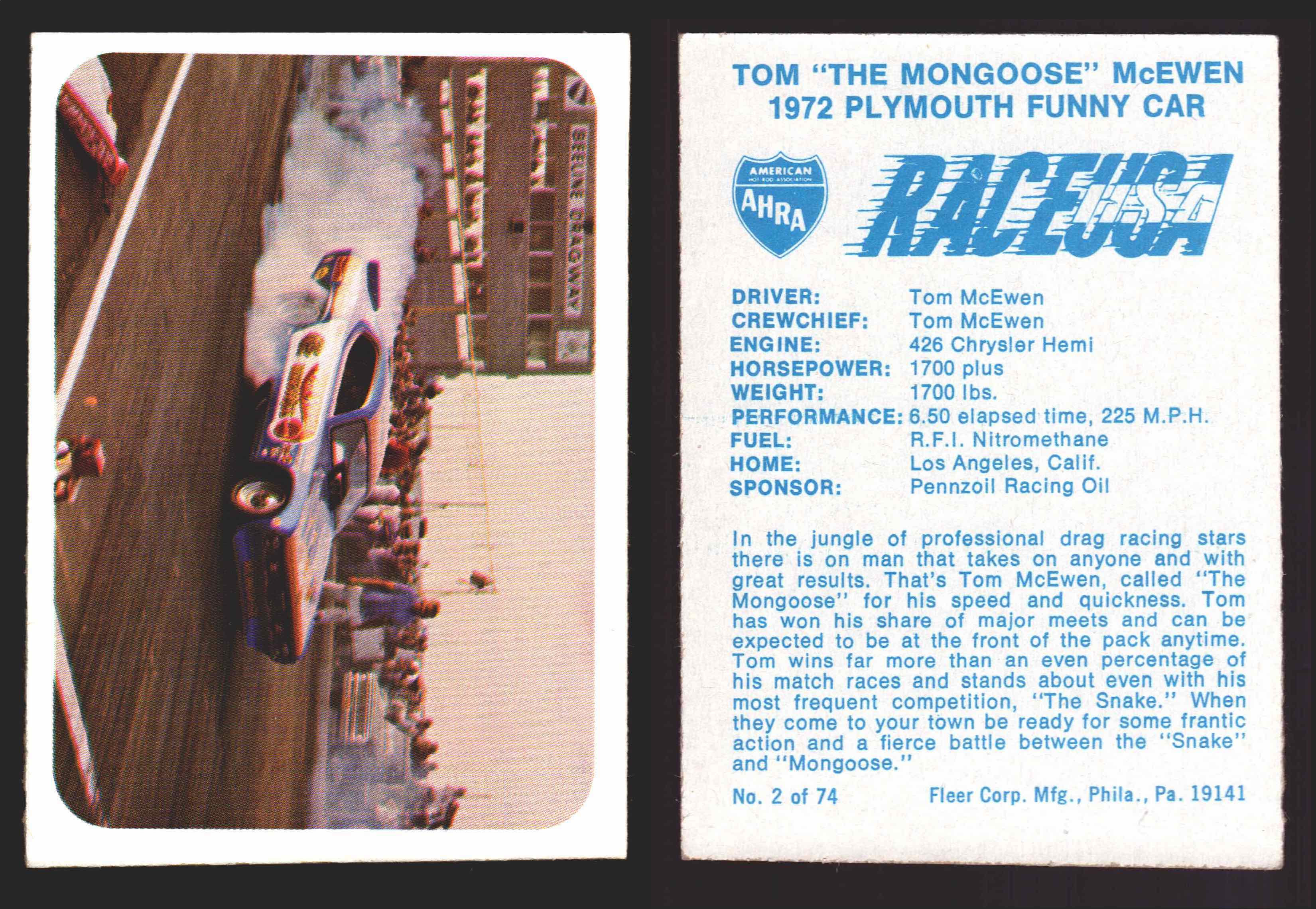 Race USA AHRA Drag Champs 1973 Fleer Vintage Trading Cards You