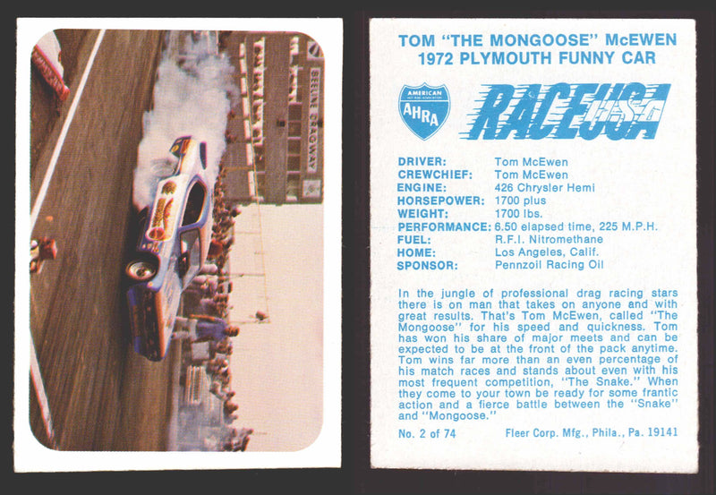 Race USA AHRA Drag Champs 1973 Fleer Vintage Trading Cards You Pick Singles 2 of 74    Tom "The Mongoose" McEwen  - TvMovieCards.com
