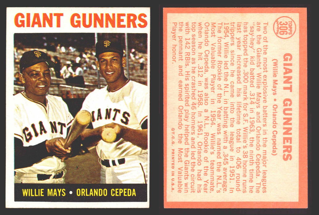 1964 Topps Baseball Trading Card You Pick Singles #300-#587 G/VG/EX #	306 Giant Gunners - Willie Mays / Orlando Cepeda  - TvMovieCards.com