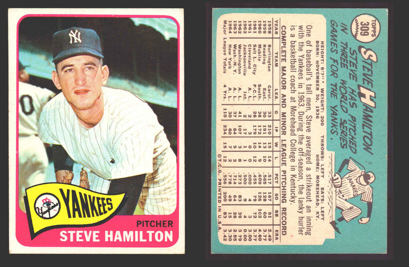 1965 Topps Baseball Trading Card You Pick Singles #300-#399 VG/EX #	309 Steve Hamilton - New York Yankees  - TvMovieCards.com