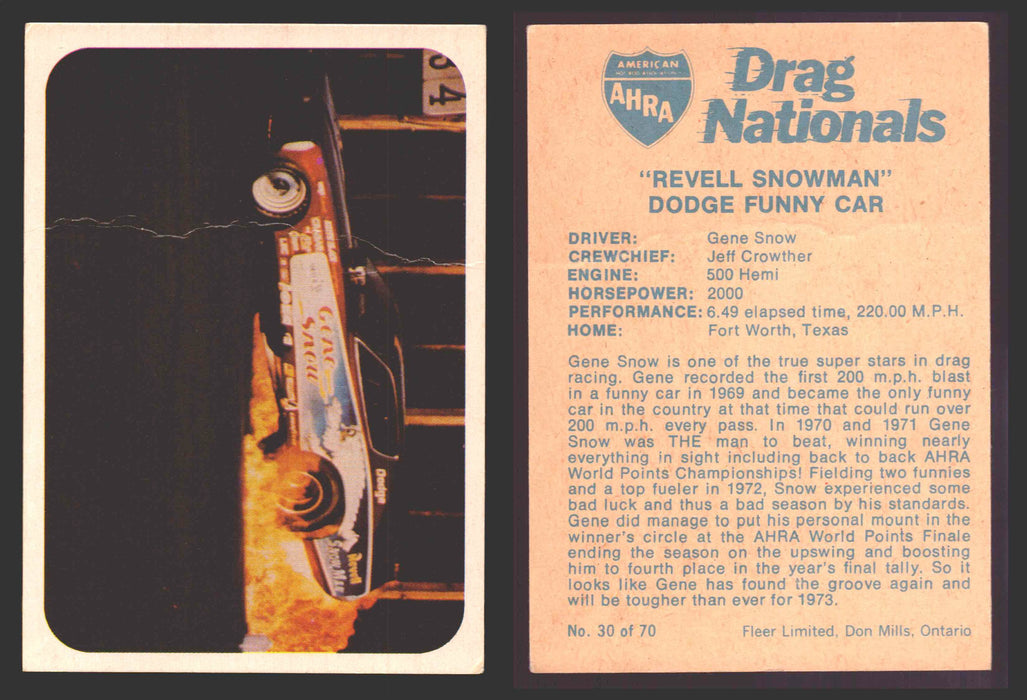 AHRA Drag Nationals 1971 Fleer Canada Trading Cards You Pick Singles #1-70 30 of 70   "Revell Snowman"                Dodge Funny Car  - TvMovieCards.com