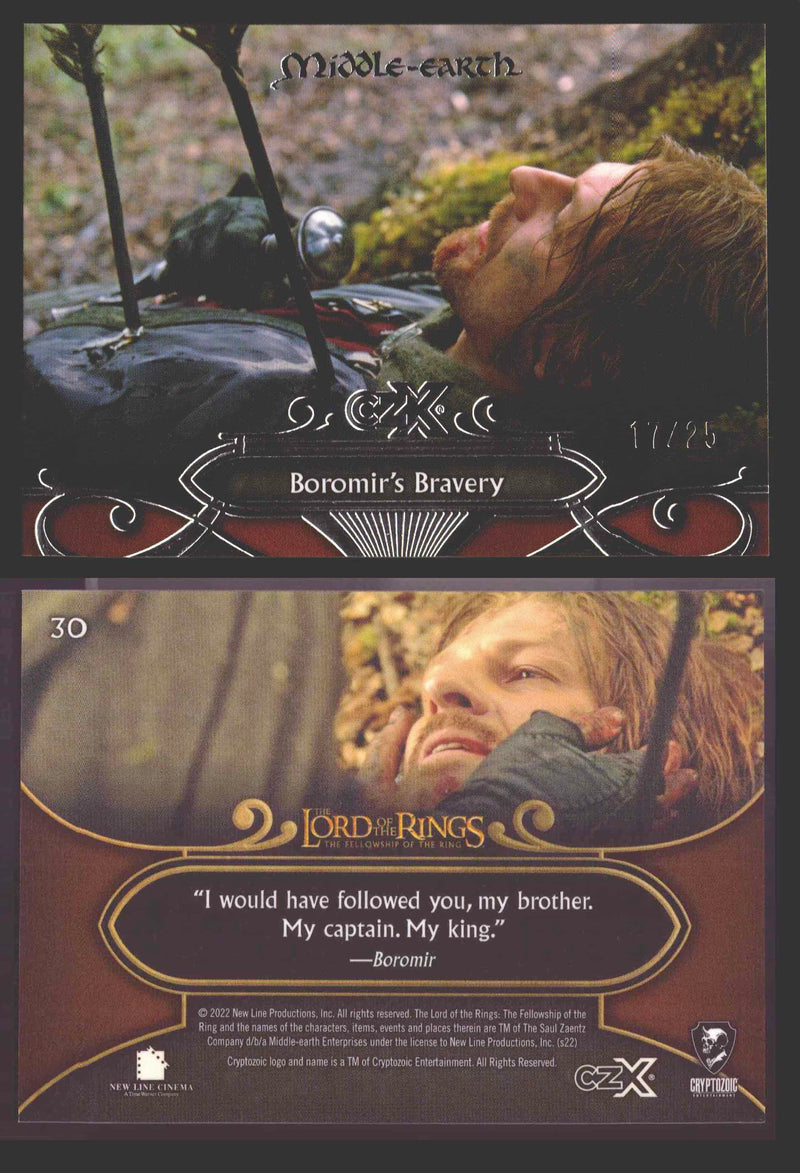 2022 Cryptozoic CZX Middle Earth Silver Parallel Base Card Singles 1-50 #/25 30 Boromir’s Bravery - TvMovieCards.com