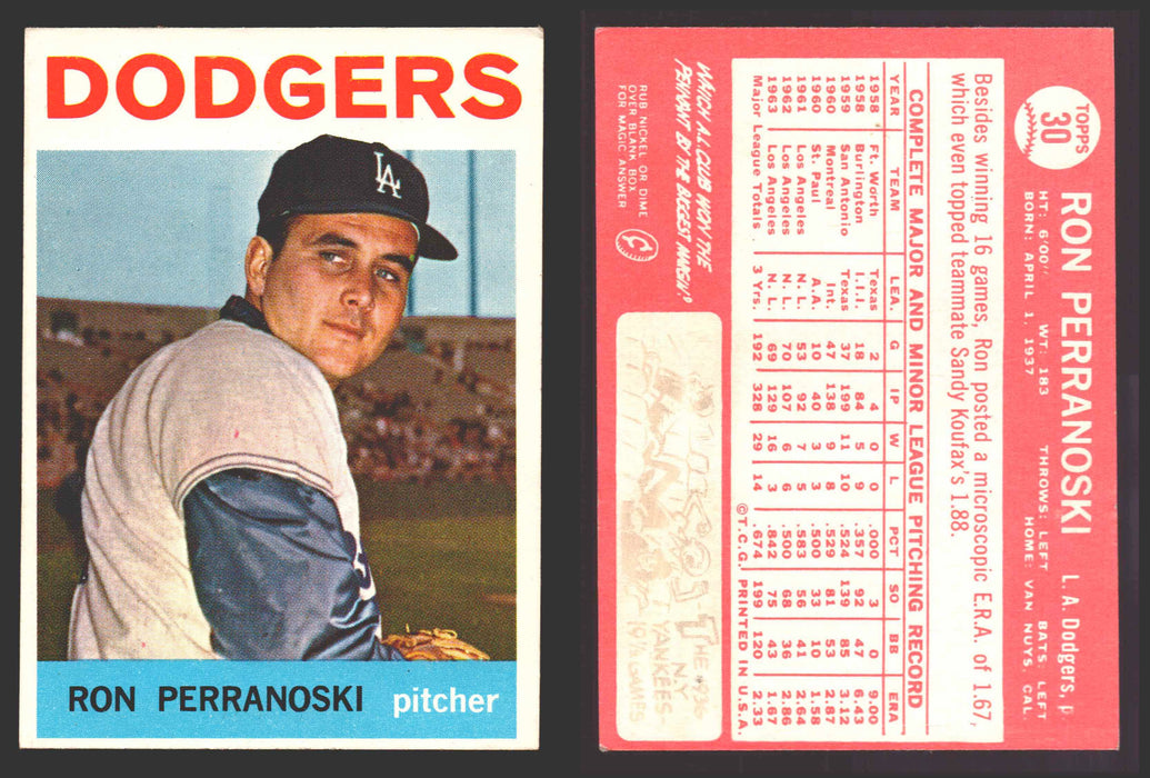1964 Topps Baseball Trading Card You Pick Singles #1-#99 VG/EX #	30 Ron Perranoski - Los Angeles Dodgers  - TvMovieCards.com