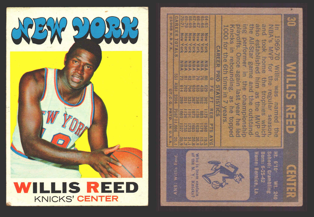 1970-71 Topps Basketball Trading Card You Pick Singles #1-#151 VG/EX #	30 Willis Reed - New York Knicks  - TvMovieCards.com