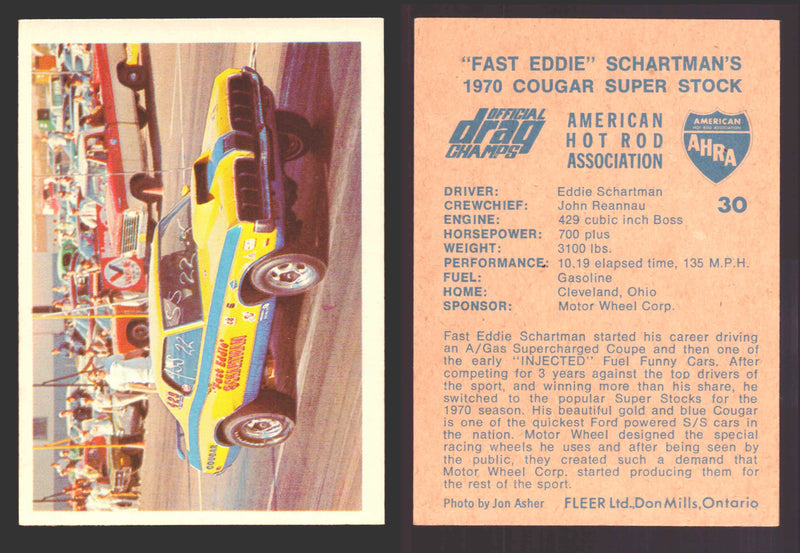 AHRA Official Drag Champs 1971 Fleer Canada Trading Cards You Pick Singles #1-63 30   "Fast Eddie" Schartman's                         1970 Cougar Super Stock  - TvMovieCards.com