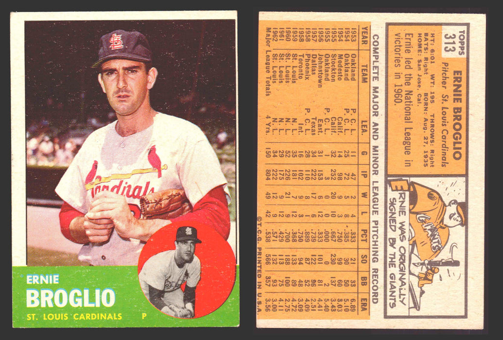 1963 Topps Baseball Trading Card You Pick Singles #300-#399 VG/EX #	313 Ernie Broglio - St. Louis Cardinals  - TvMovieCards.com