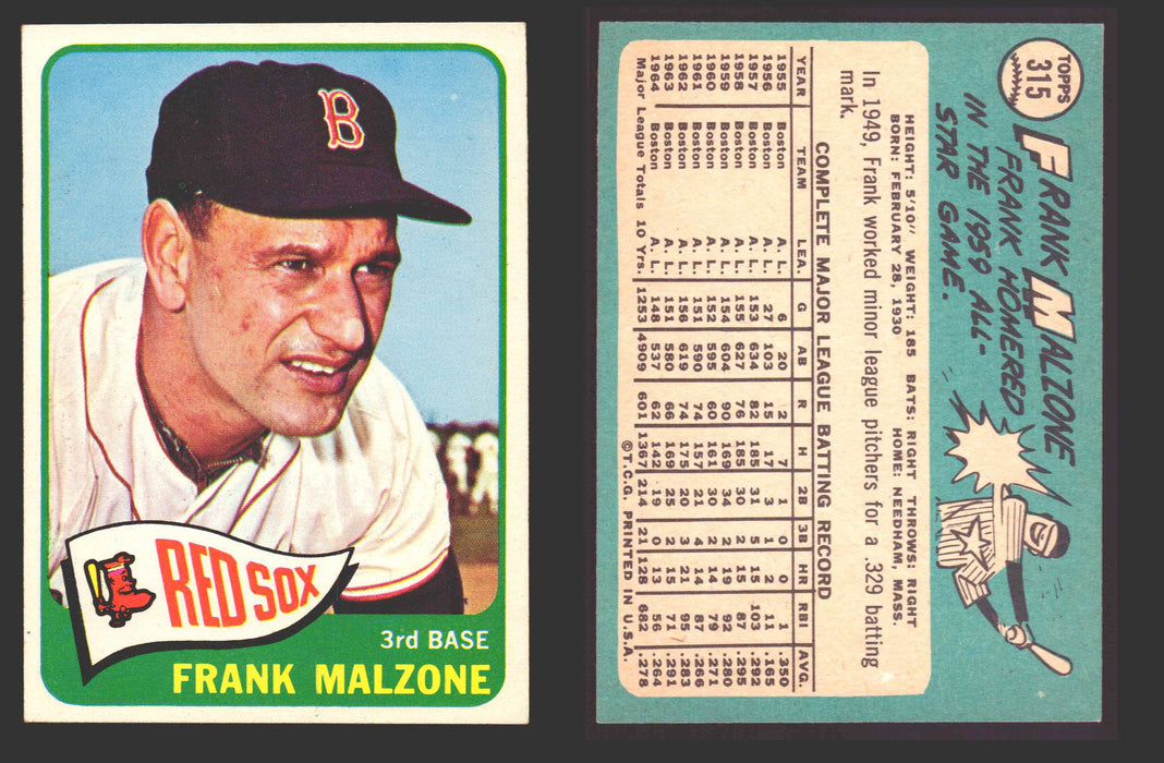 1965 Topps Baseball Trading Card You Pick Singles #300-#399 VG/EX #	315 Frank Malzone - Boston Red Sox  - TvMovieCards.com