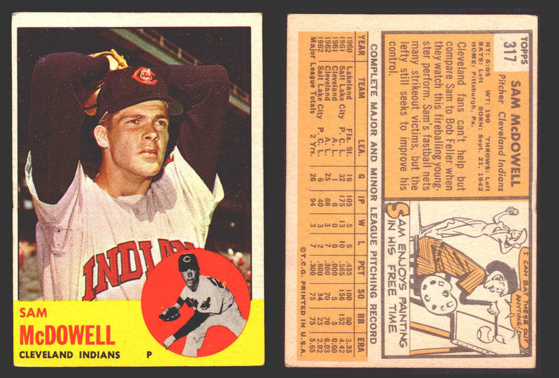 1963 Topps Baseball Trading Card You Pick Singles #300-#399 VG/EX #	317 Sam McDowell - Cleveland Indians  - TvMovieCards.com
