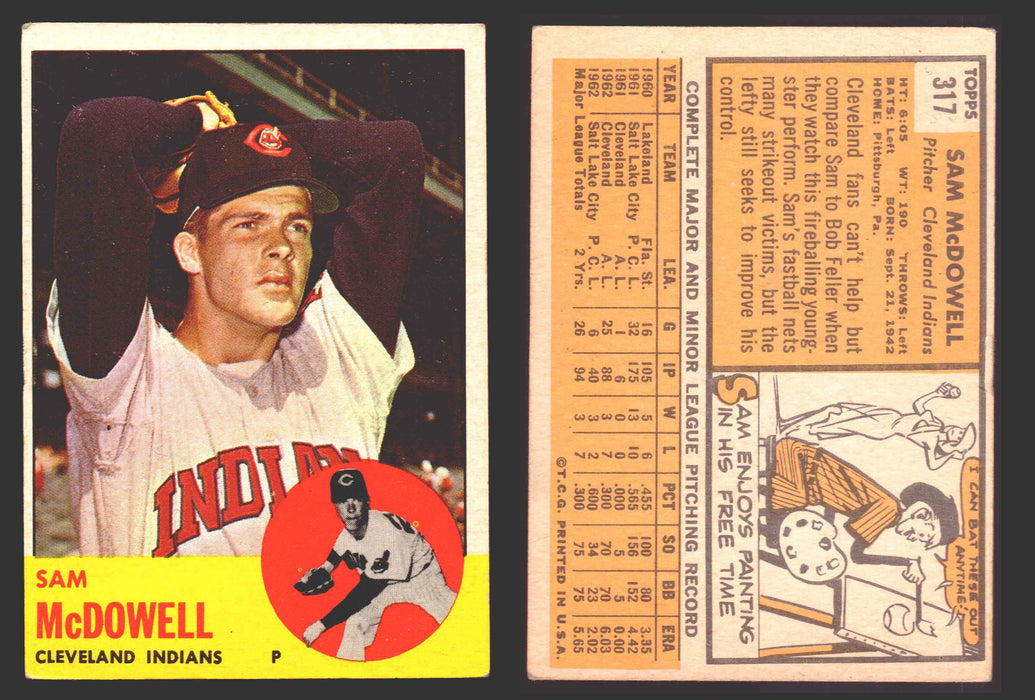 1963 Topps Baseball Trading Card You Pick Singles #300-#399 VG/EX #	317 Sam McDowell - Cleveland Indians  - TvMovieCards.com