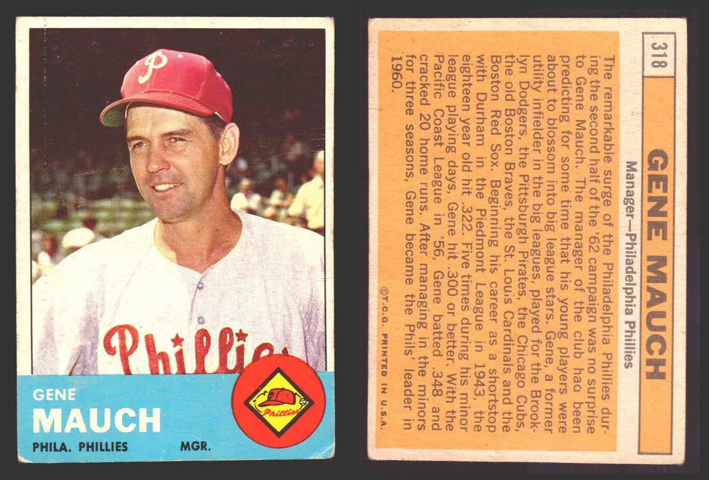 1963 Topps Baseball Trading Card You Pick Singles #300-#399 VG/EX #	318 Gene Mauch - Philadelphia Phillies (creased)  - TvMovieCards.com