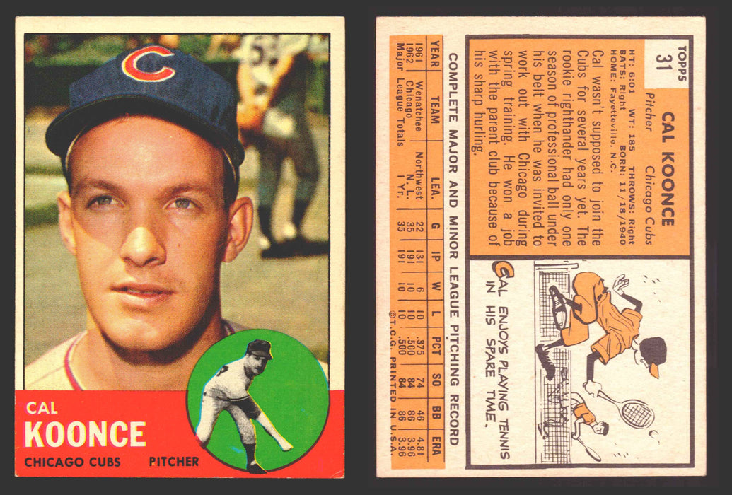 1963 Topps Baseball Trading Card You Pick Singles #1-#99 VG/EX #	31 Cal Koonce - Chicago Cubs RC  - TvMovieCards.com
