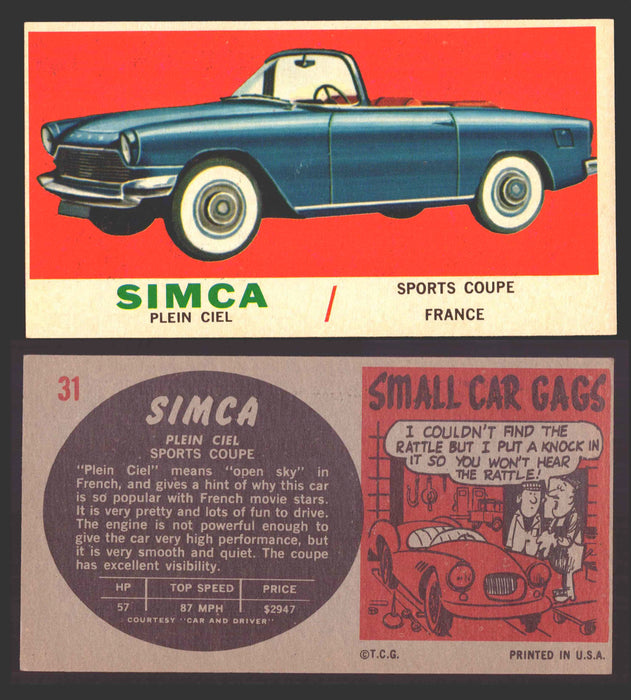 1961 Topps Sports Cars (Gray Back) Vintage Trading Cards #1-#66 You Pick Singles #31   Simca Plein Ciel  - TvMovieCards.com