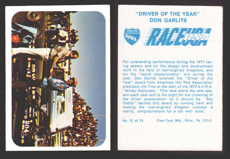 Race USA AHRA Drag Champs 1973 Fleer Vintage Trading Cards You Pick Singles 31 of 74   "Driver of the Year"  - TvMovieCards.com