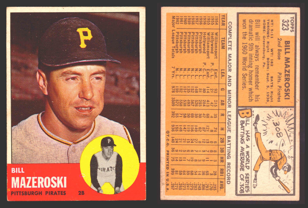 1963 Topps Baseball Trading Card You Pick Singles #300-#399 VG/EX #	323 Bill Mazeroski - Pittsburgh Pirates  - TvMovieCards.com