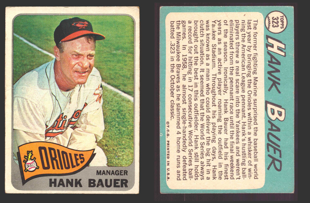 1965 Topps Baseball Trading Card You Pick Singles #300-#399 VG/EX #	323 Hank Bauer - Baltimore Orioles (creased)  - TvMovieCards.com