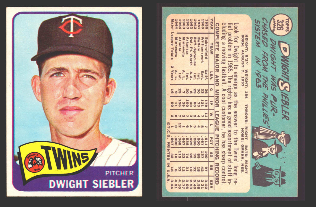 1965 Topps Baseball Trading Card You Pick Singles #300-#399 VG/EX #	326 Dwight Siebler - Minnesota Twins  - TvMovieCards.com