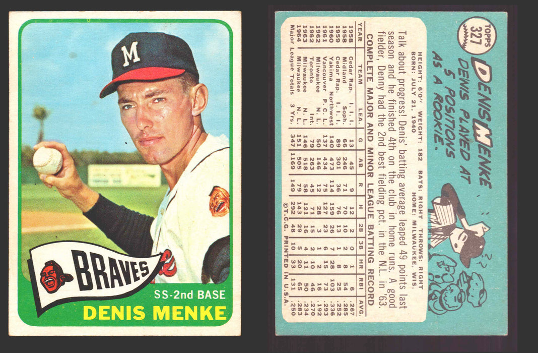 1965 Topps Baseball Trading Card You Pick Singles #300-#399 VG/EX #	327 Denis Menke - Milwaukee Braves  - TvMovieCards.com