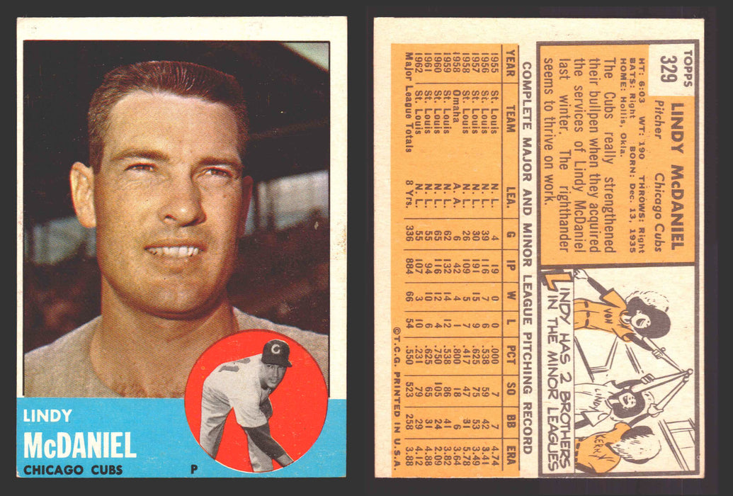 1963 Topps Baseball Trading Card You Pick Singles #300-#399 VG/EX #	329 Lindy McDaniel - Chicago Cubs  - TvMovieCards.com