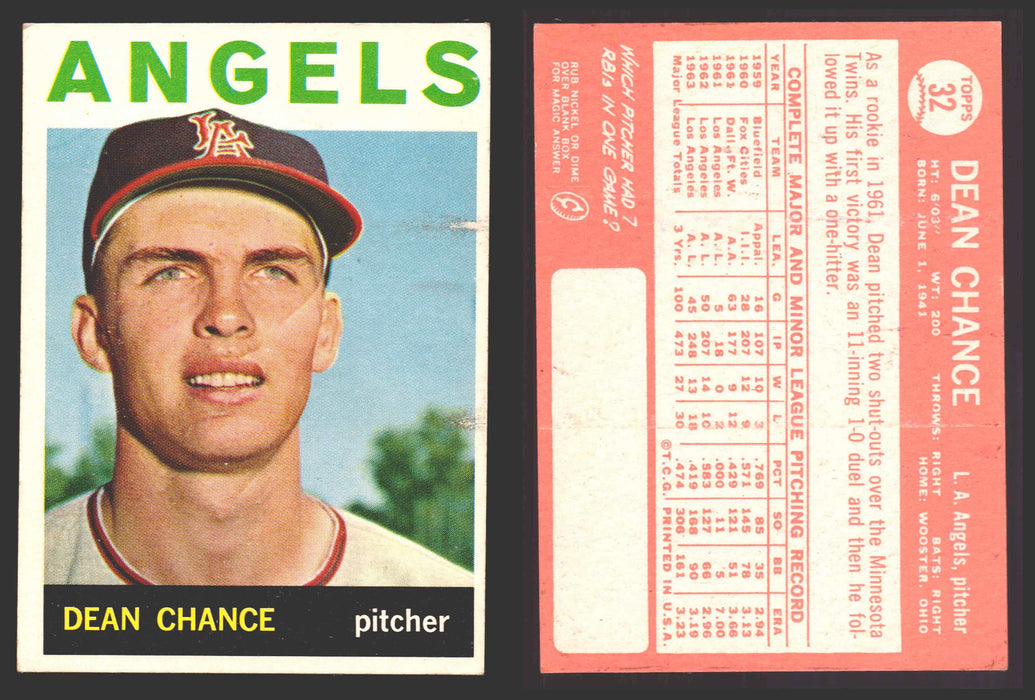 1964 Topps Baseball Trading Card You Pick Singles #1-#99 VG/EX #	32 Dean Chance - Los Angeles Angels  - TvMovieCards.com