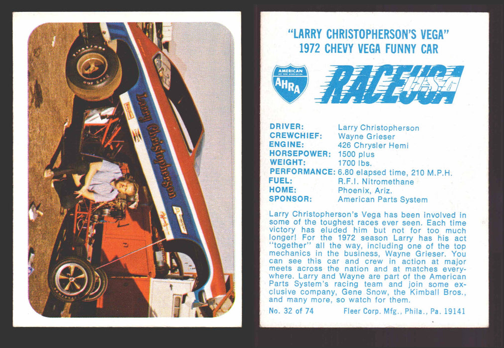 Race USA AHRA Drag Champs 1973 Fleer Vintage Trading Cards You Pick Singles 32 of 74   "Larry Christopherson's Vega"  - TvMovieCards.com