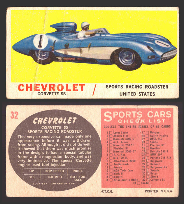1961 Topps Sports Cars (White Back) Vintage Trading Cards #1-#66 You Pick Singles #32 Chevrolet Corvette SS (creased)  - TvMovieCards.com