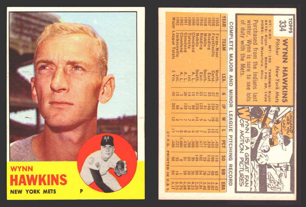 1963 Topps Baseball Trading Card You Pick Singles #300-#399 VG/EX #	334 Wynn Hawkins - New York Mets  - TvMovieCards.com