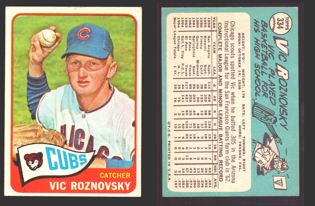 1965 Topps Baseball Trading Card You Pick Singles #300-#399 VG/EX #	334 Vic Roznovsky - Chicago Cubs RC  - TvMovieCards.com