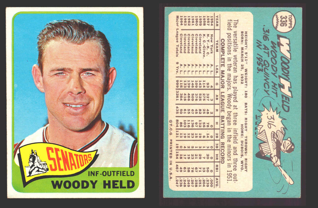 1965 Topps Baseball Trading Card You Pick Singles #300-#399 VG/EX #	336 Woodie Held - Washington Senators  - TvMovieCards.com