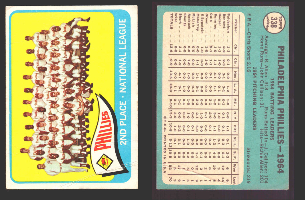 1965 Topps Baseball Trading Card You Pick Singles #300-#399 VG/EX #	338 Philadelphia Phillies Team (creased)  - TvMovieCards.com