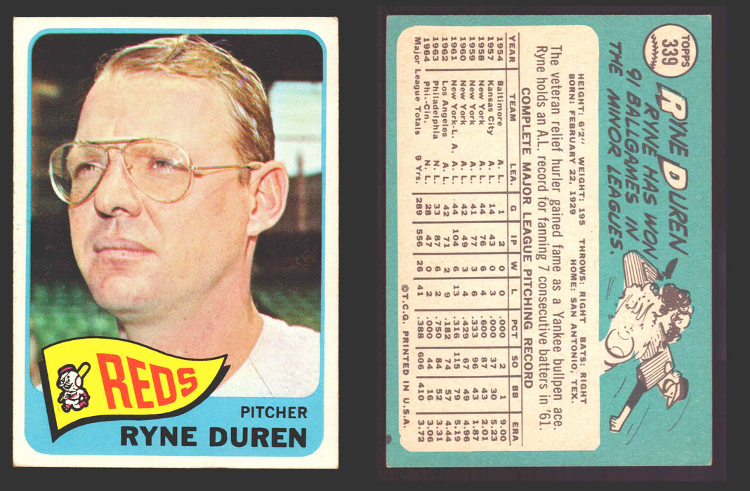 1965 Topps Baseball Trading Card You Pick Singles #300-#399 VG/EX #	339 Ryne Duren - Cincinnati Reds  - TvMovieCards.com