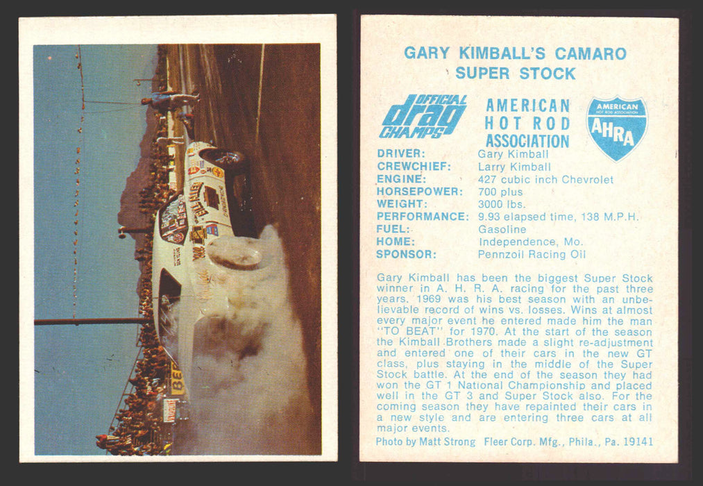 AHRA Official Drag Champs 1971 Fleer Vintage Trading Cards You Pick Singles #1-63 33   Gary Kimball's Camaro                            Super Stock  - TvMovieCards.com