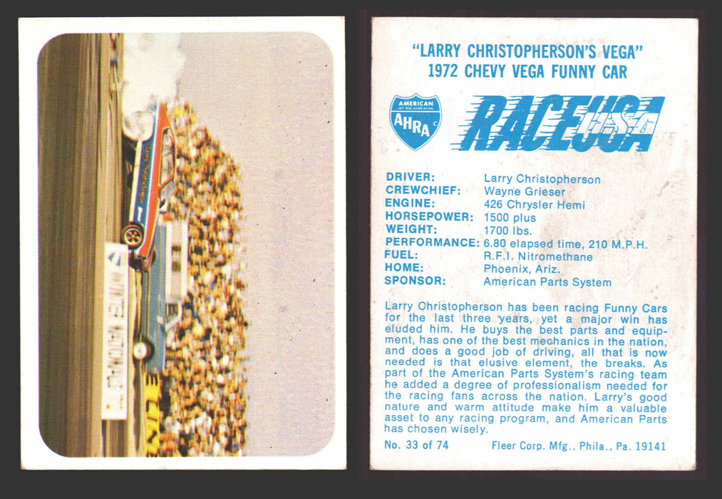 Race USA AHRA Drag Champs 1973 Fleer Vintage Trading Cards You Pick Singles 33 of 74   "Larry Christopherson's Vega"  - TvMovieCards.com