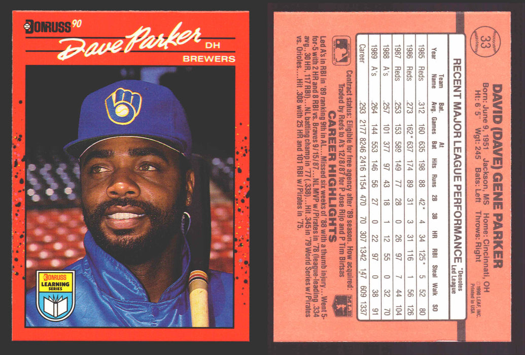 1990 Donruss Baseball Learning Series Trading Card You Pick Singles #1-55 #	33 Dave Parker  - TvMovieCards.com