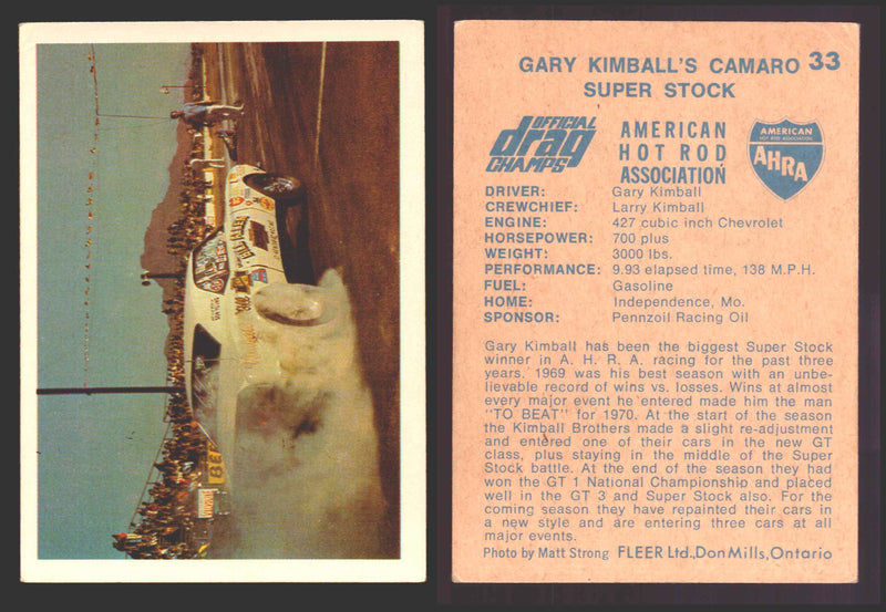 AHRA Official Drag Champs 1971 Fleer Canada Trading Cards You Pick Singles #1-63 33   Gary Kimball's Camaro                            Super Stock  - TvMovieCards.com