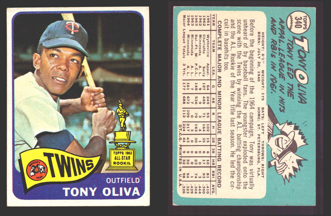 1965 Topps Baseball Trading Card You Pick Singles #300-#399 VG/EX #	340 Tony Oliva - Minnesota Twins  - TvMovieCards.com