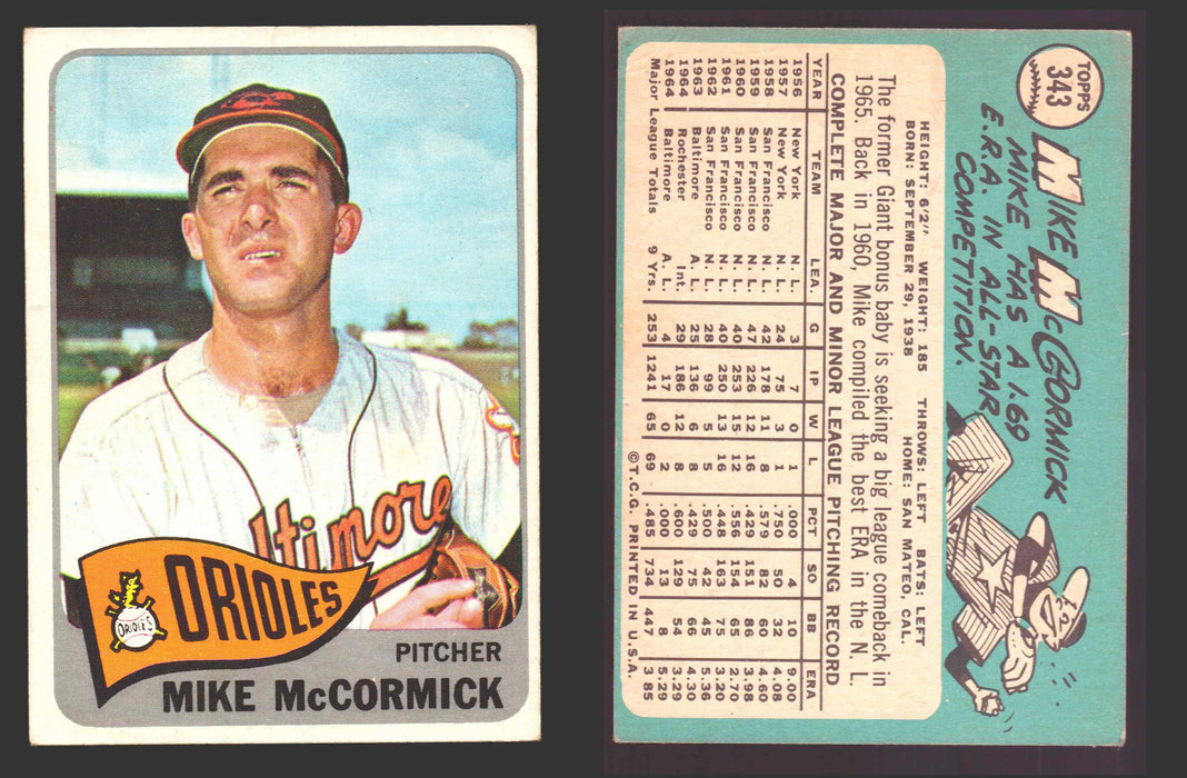 1965 Topps Baseball Trading Card You Pick Singles #300-#399 VG/EX #	343 Mike McCormick - Baltimore Orioles  - TvMovieCards.com