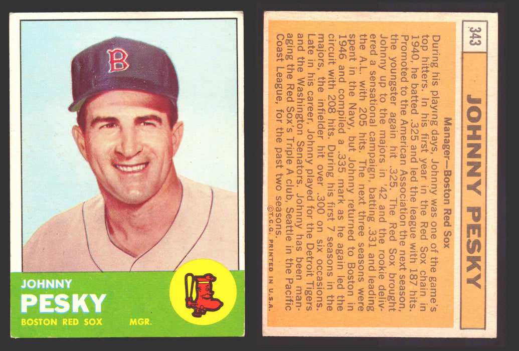 1963 Topps Baseball Trading Card You Pick Singles #300-#399 VG/EX #	343 Johnny Pesky - Boston Red Sox  - TvMovieCards.com