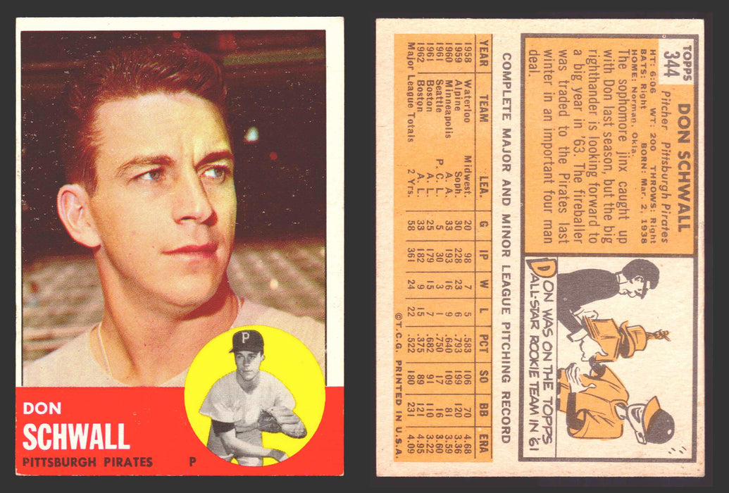 1963 Topps Baseball Trading Card You Pick Singles #300-#399 VG/EX #	344 Don Schwall - Pittsburgh Pirates  - TvMovieCards.com