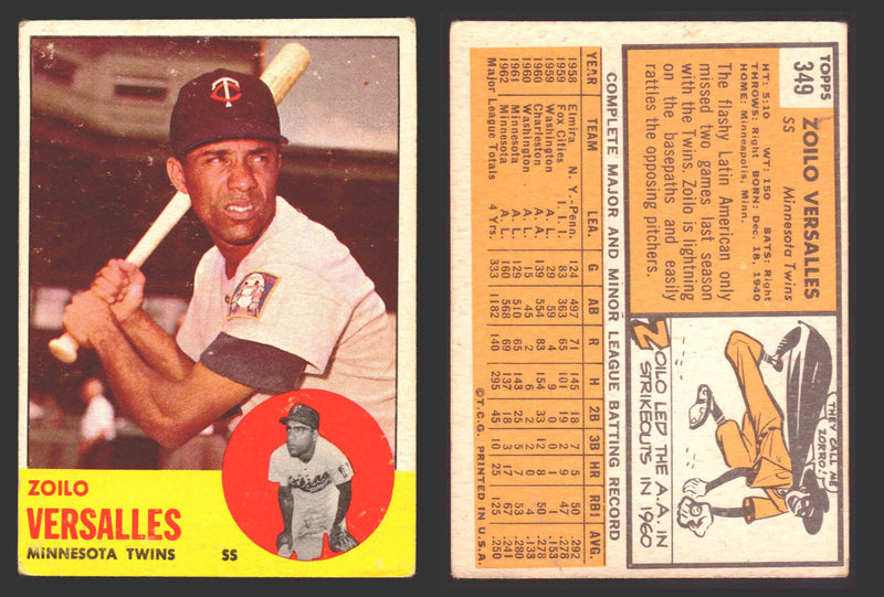 1963 Topps Baseball Trading Card You Pick Singles #300-#399 VG/EX #	349 Zoilo Versalles - Minnesota Twins  - TvMovieCards.com