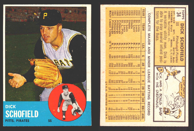 1963 Topps Baseball Trading Card You Pick Singles #1-#99 VG/EX #	34 Dick Schofield - Pittsburgh Pirates  - TvMovieCards.com