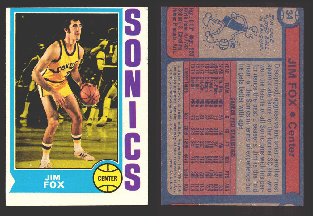 1974-75 Topps Basketball Trading Card You Pick Singles #1-#99 VG/EX #	34 Jim Fox - Seattle SuperSonics  - TvMovieCards.com